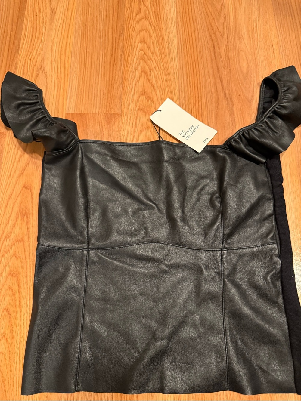 Zara Black Faux Leather Ruffle Strap Bodysuit
